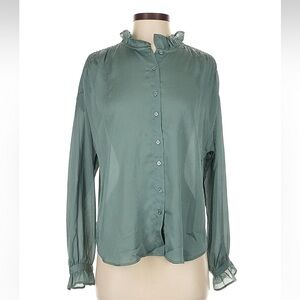 Ann Taylor Sage Green Ruffle Collar Button-Up Blouse